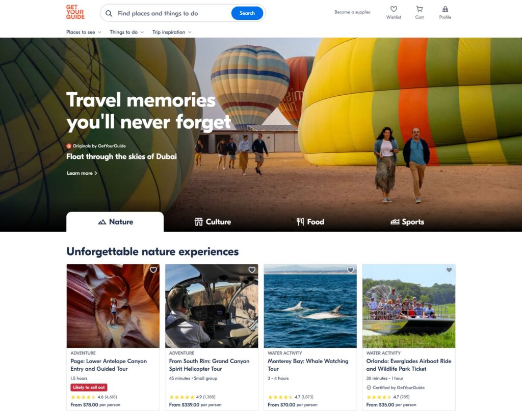 screenshot of front page of GetYourGuide website